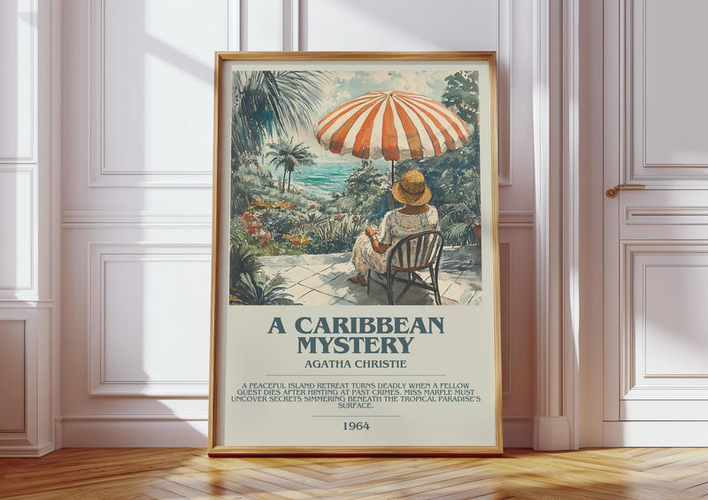 A Caribbean Mystery bookish print in frame leaning in hallway – historical fiction wall art