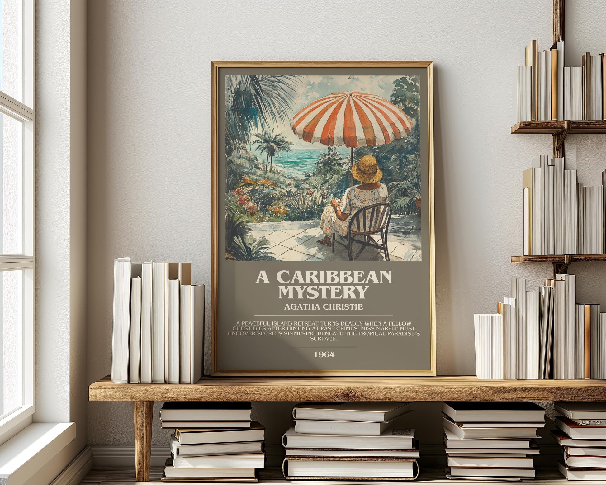 A Caribbean Mystery bookish print on bookshelf – Agatha Christie fan gift
