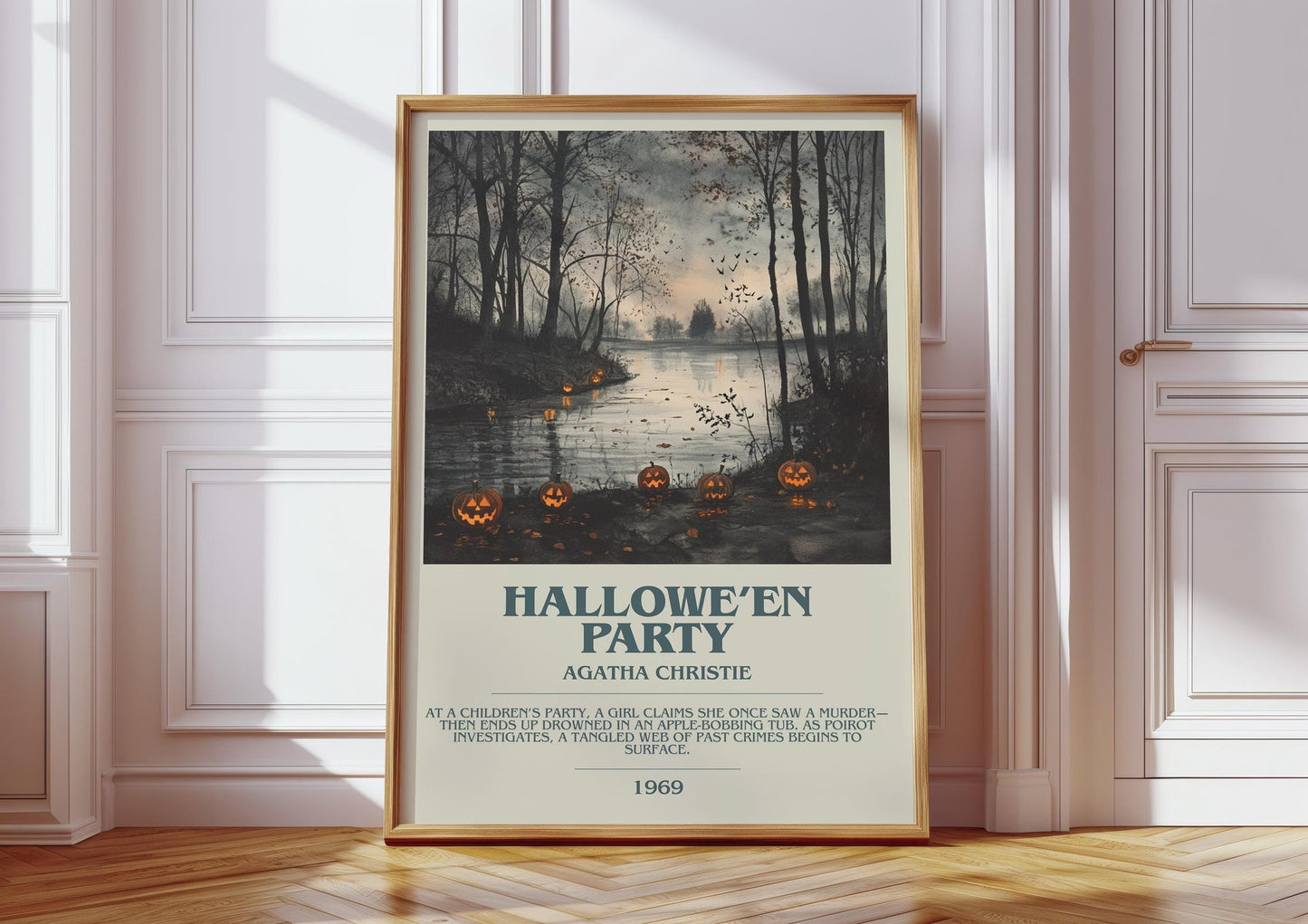 Hallowe'en Party bookish print in frame leaning in hallway – mystery wall art