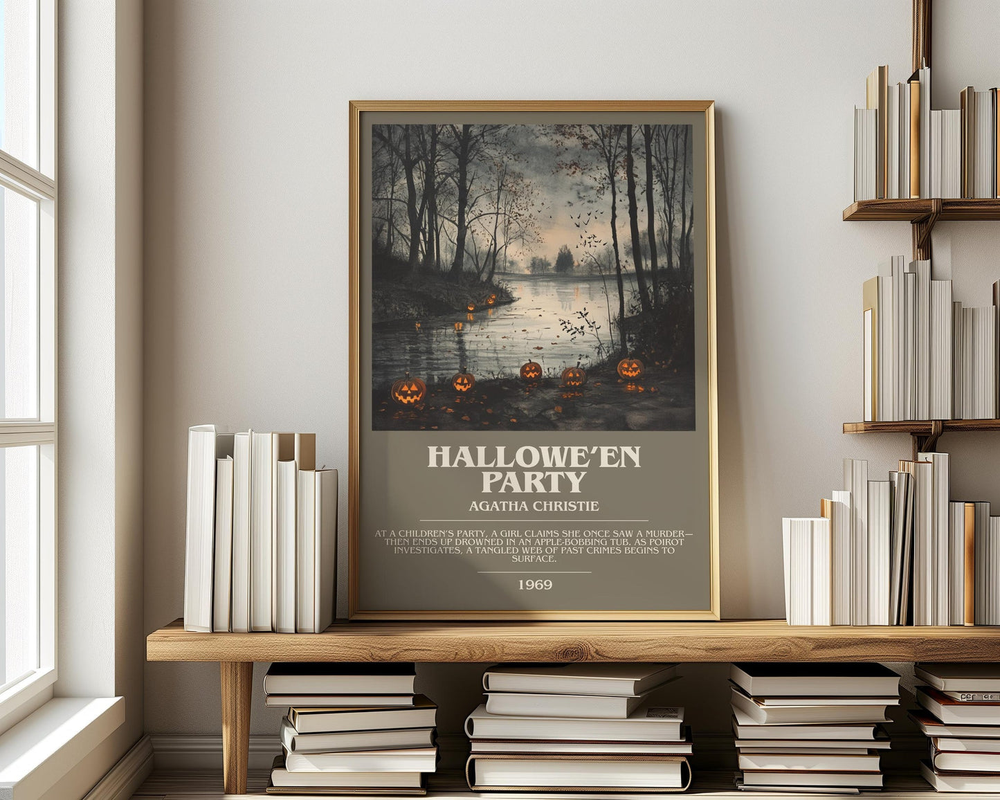 Hallowe'en Party bookish print on bookshelf – Agatha Christie fan gift