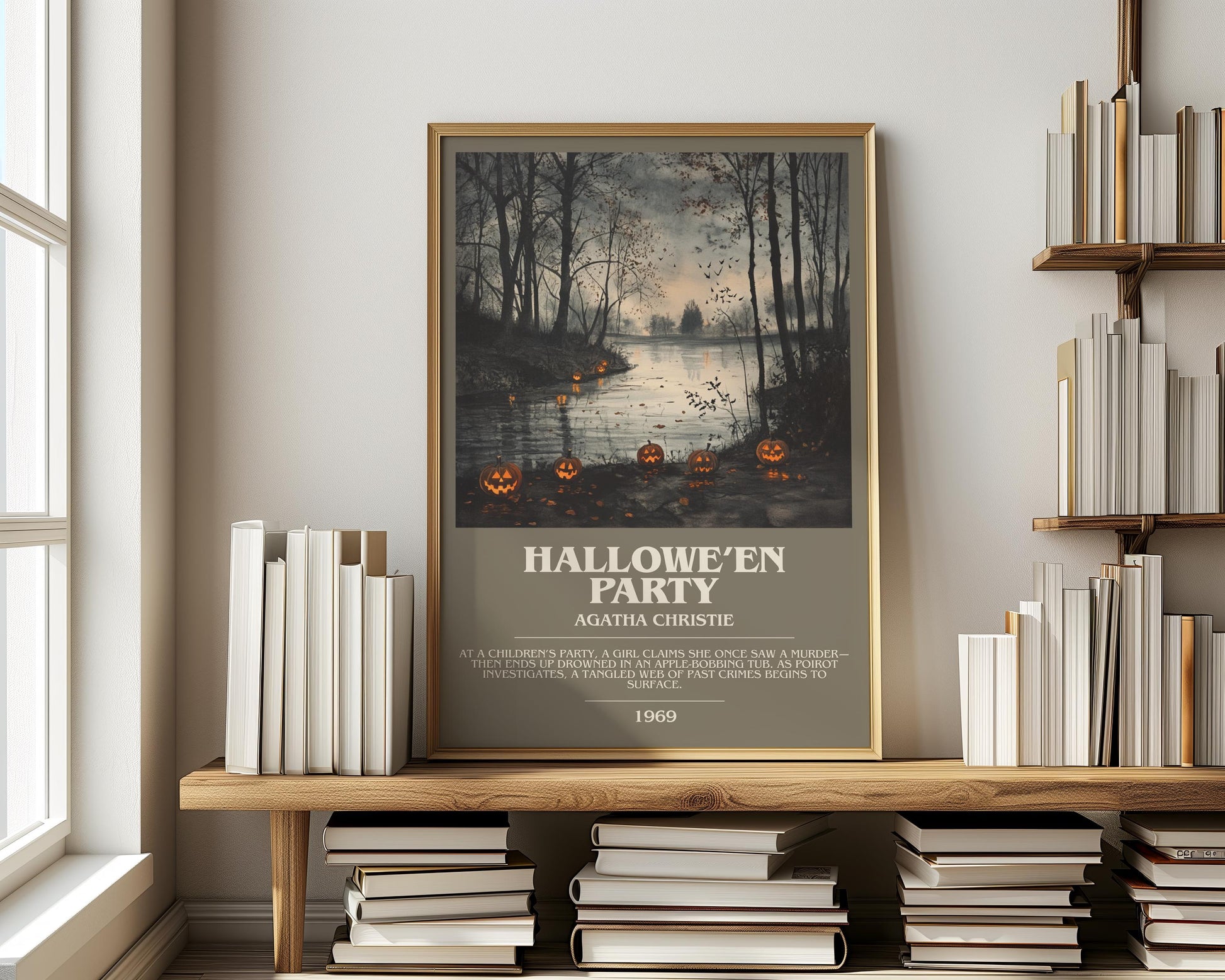 Hallowe'en Party bookish print on bookshelf – Agatha Christie fan gift