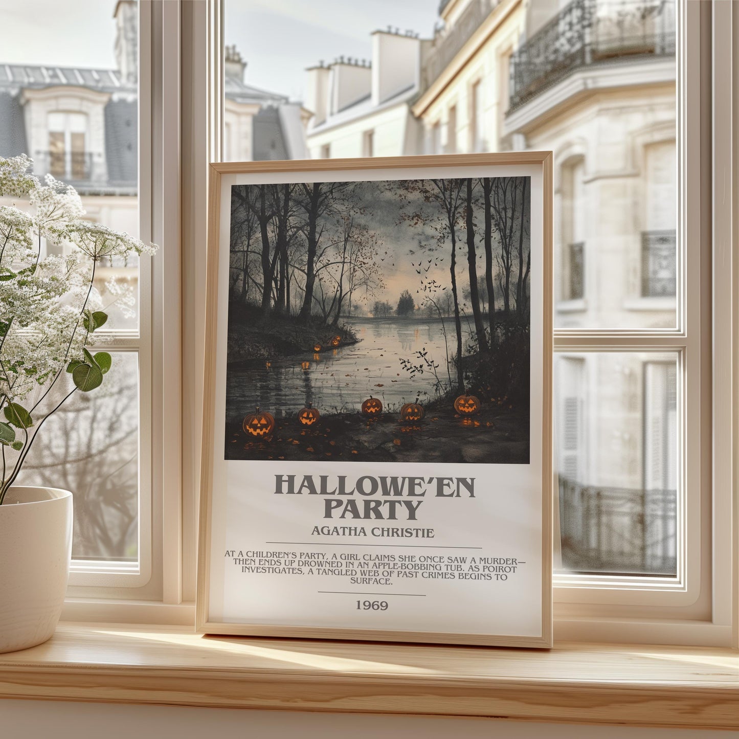 Hallowe'en Party bookish print framed by window – literary home decor