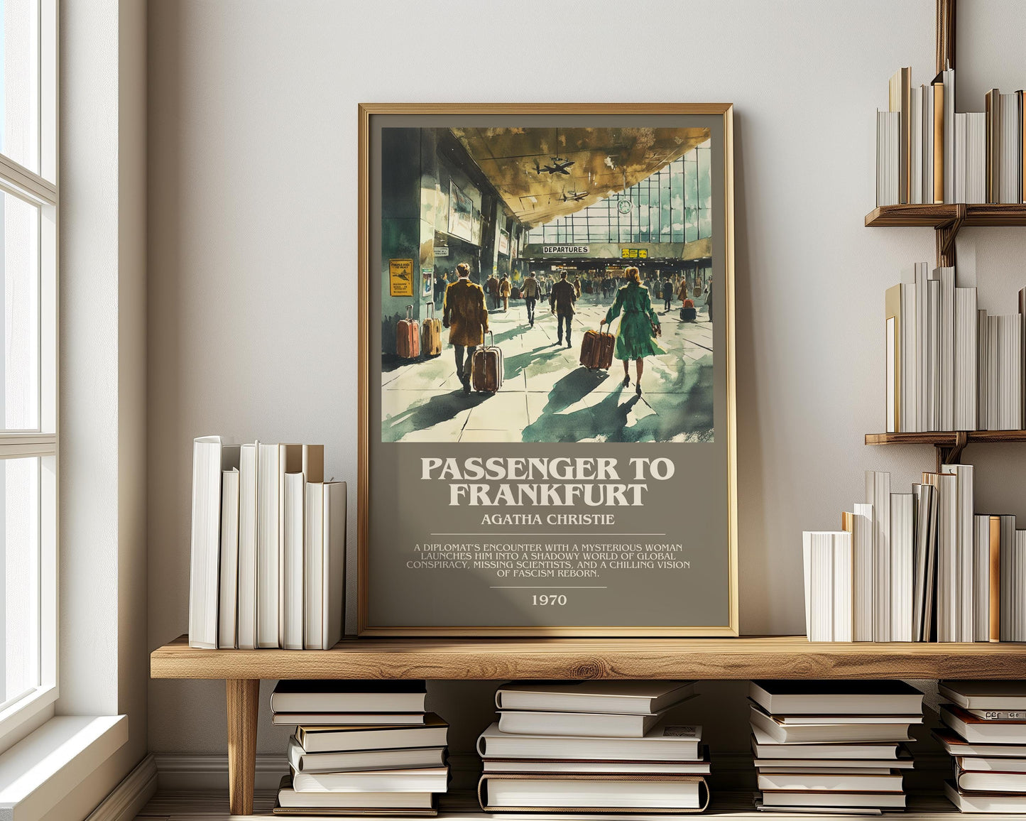 Passenger to Frankfurt bookish print on bookshelf – Agatha Christie fan gift