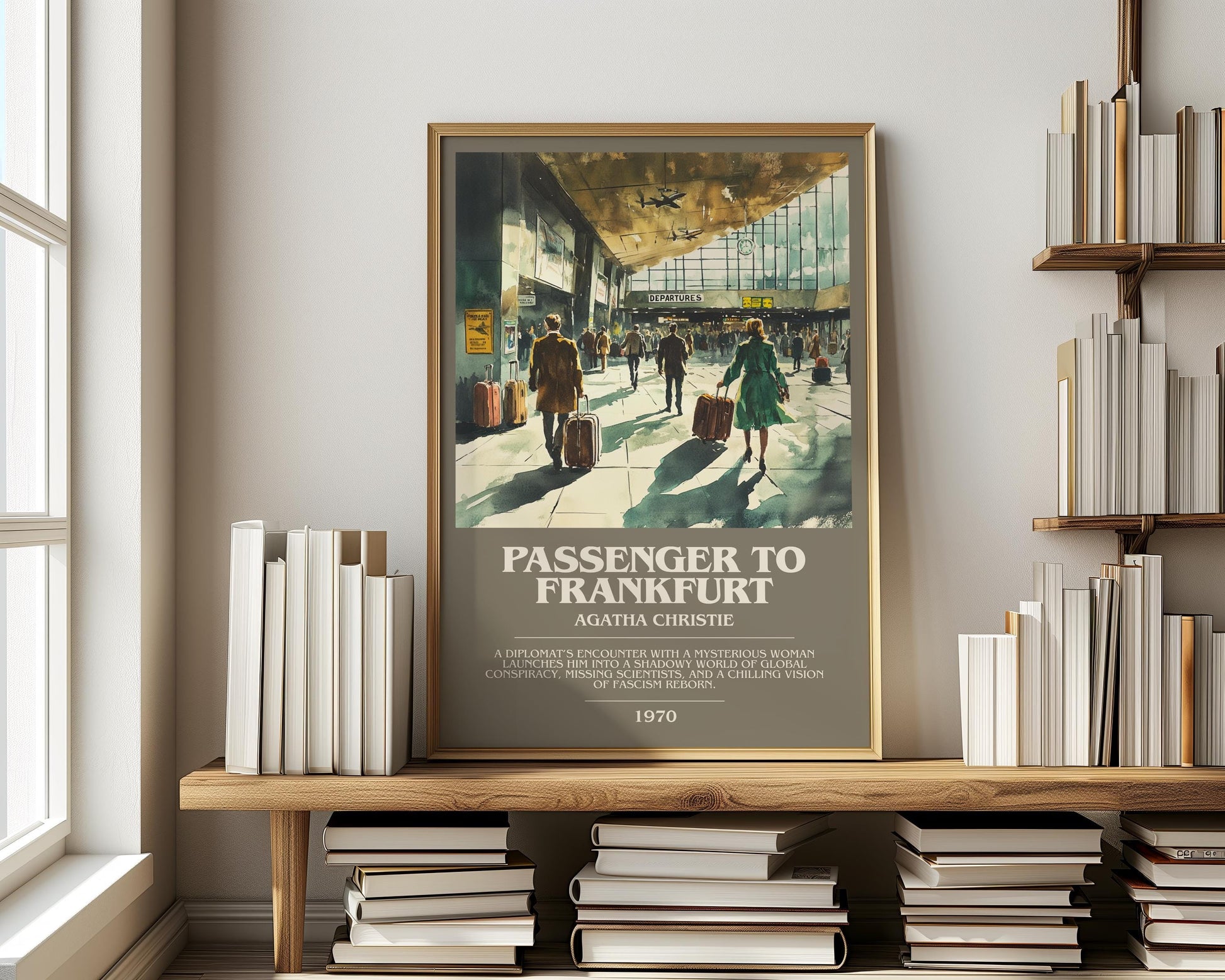 Passenger to Frankfurt bookish print on bookshelf – Agatha Christie fan gift