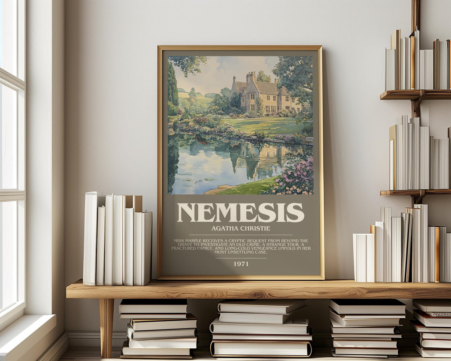 Nemesis bookish print on bookshelf – Agatha Christie fan gift