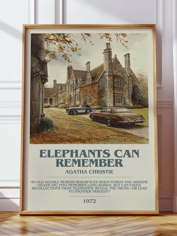 Elephants Can Remember bookish print in frame leaning in hallway – mystery wall art