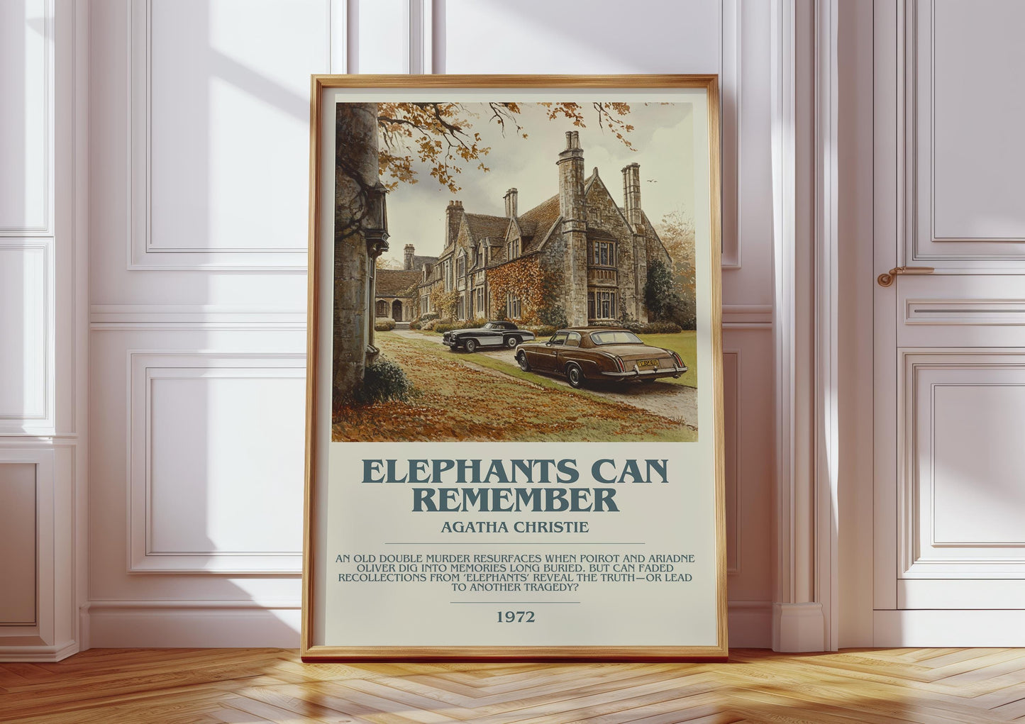 Elephants Can Remember bookish print in frame leaning in hallway – mystery wall art