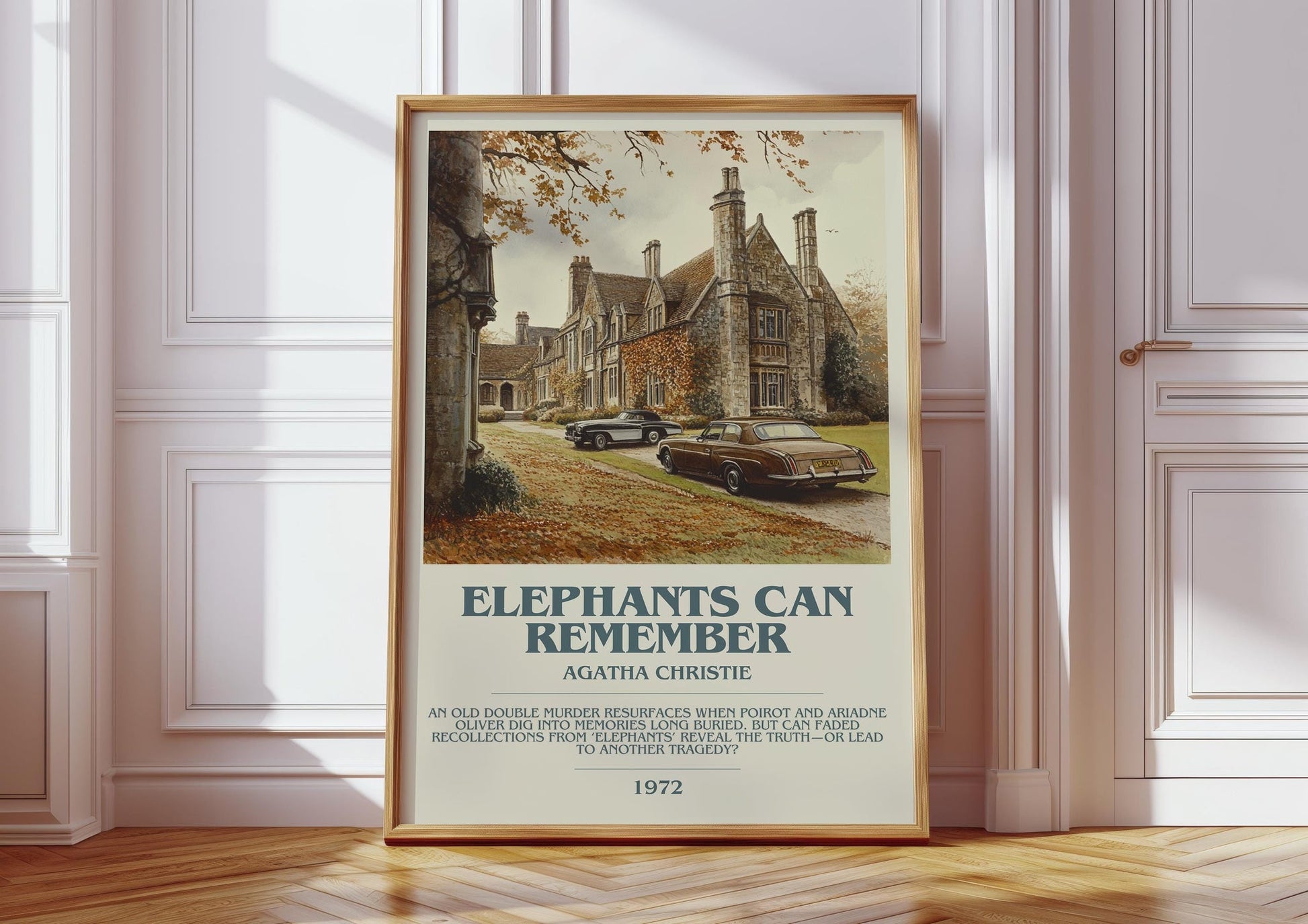 Elephants Can Remember bookish print in frame leaning in hallway – mystery wall art