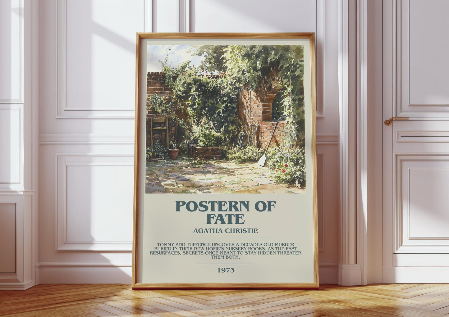Postern of Fate bookish print in frame leaning in hallway – mystery wall art