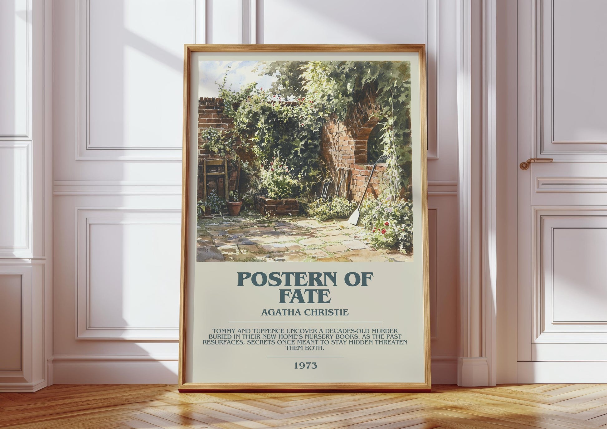 Postern of Fate bookish print in frame leaning in hallway – mystery wall art