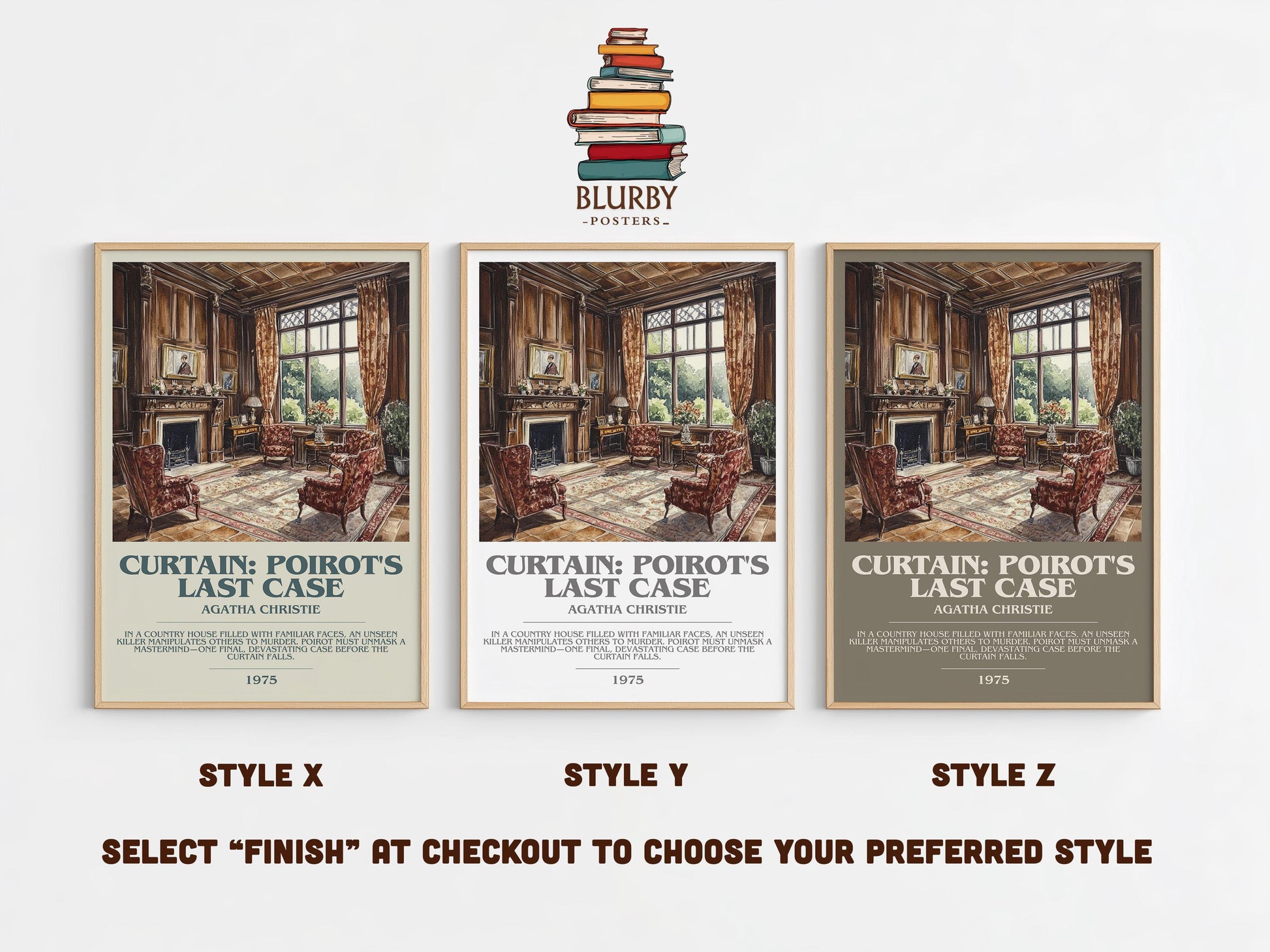 Curtain: Poirot's Last Case bookish poster colour and style options – Agatha Christie book art