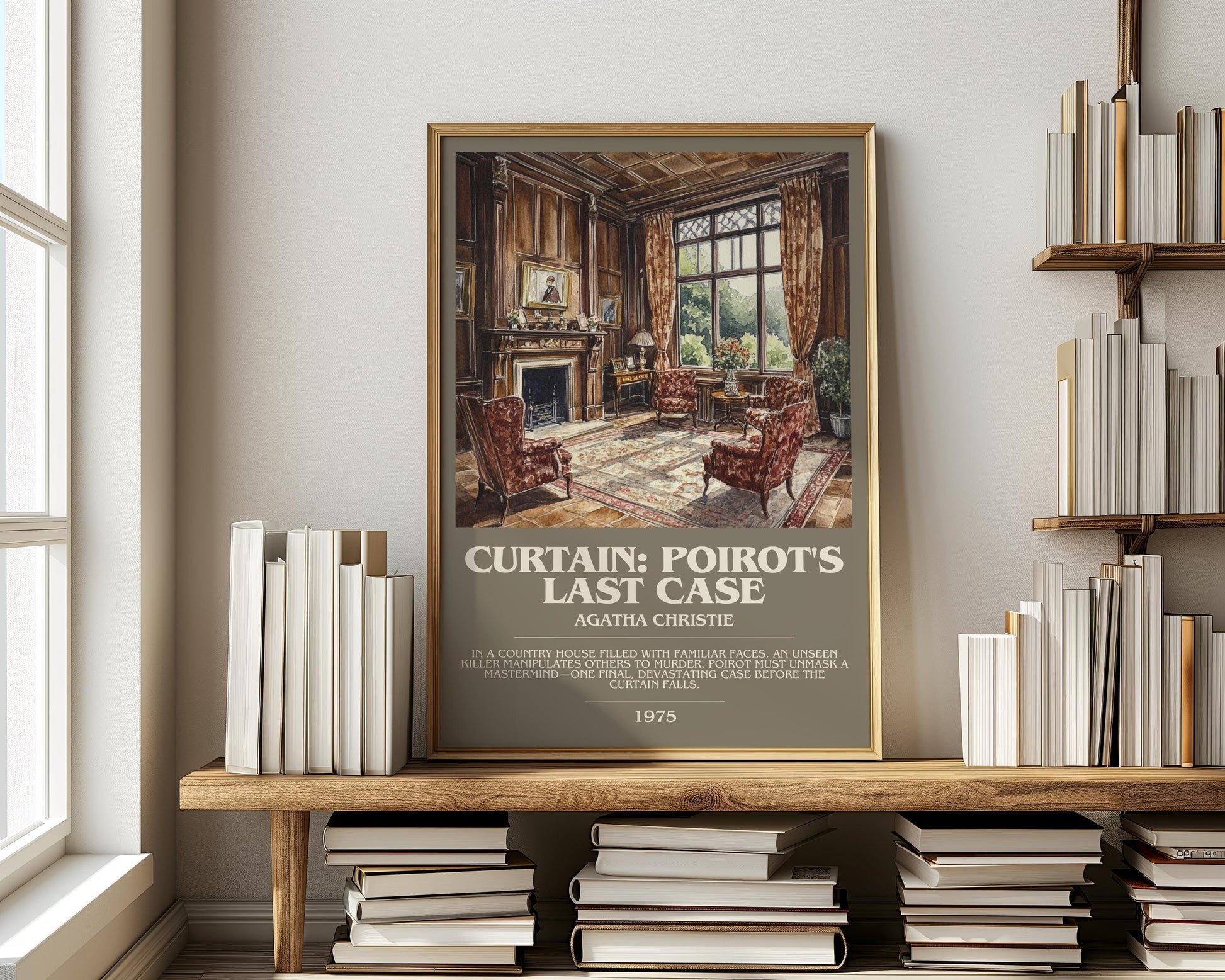 Curtain: Poirot's Last Case bookish print on bookshelf – Agatha Christie fan gift