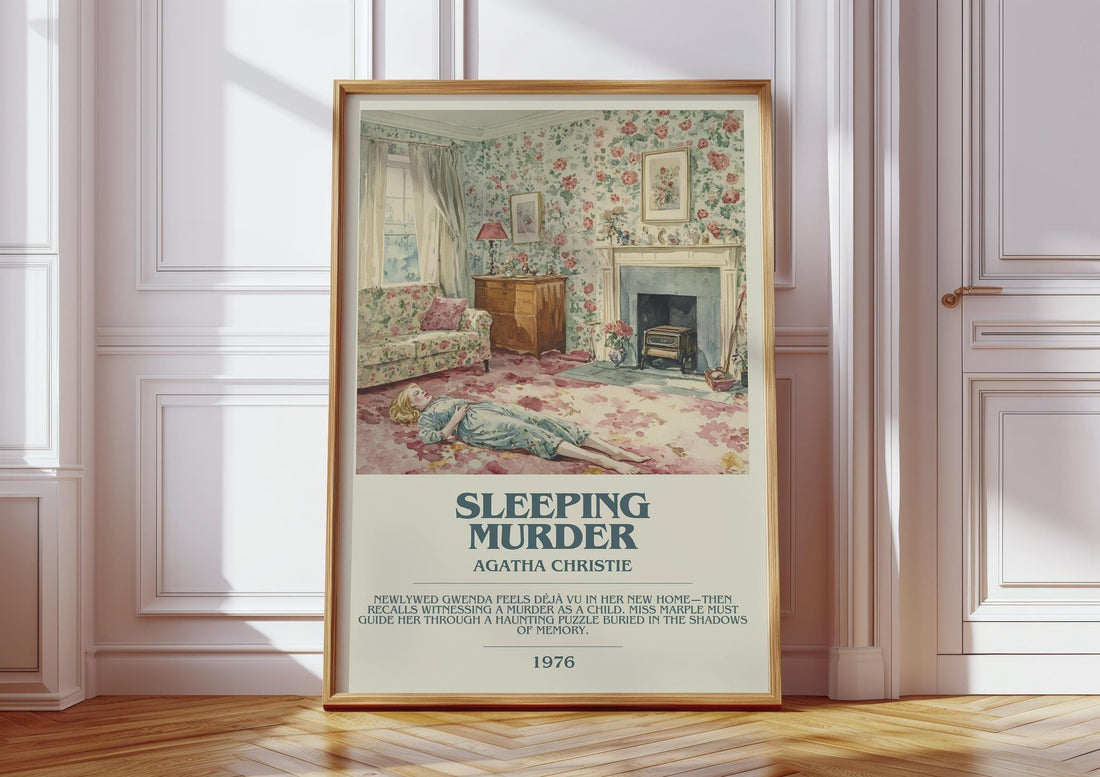 Sleeping Murder bookish print in frame leaning in hallway – mystery wall art (mockup)