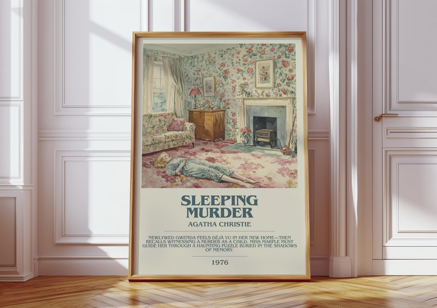 Sleeping Murder bookish print in frame leaning in hallway – mystery wall art