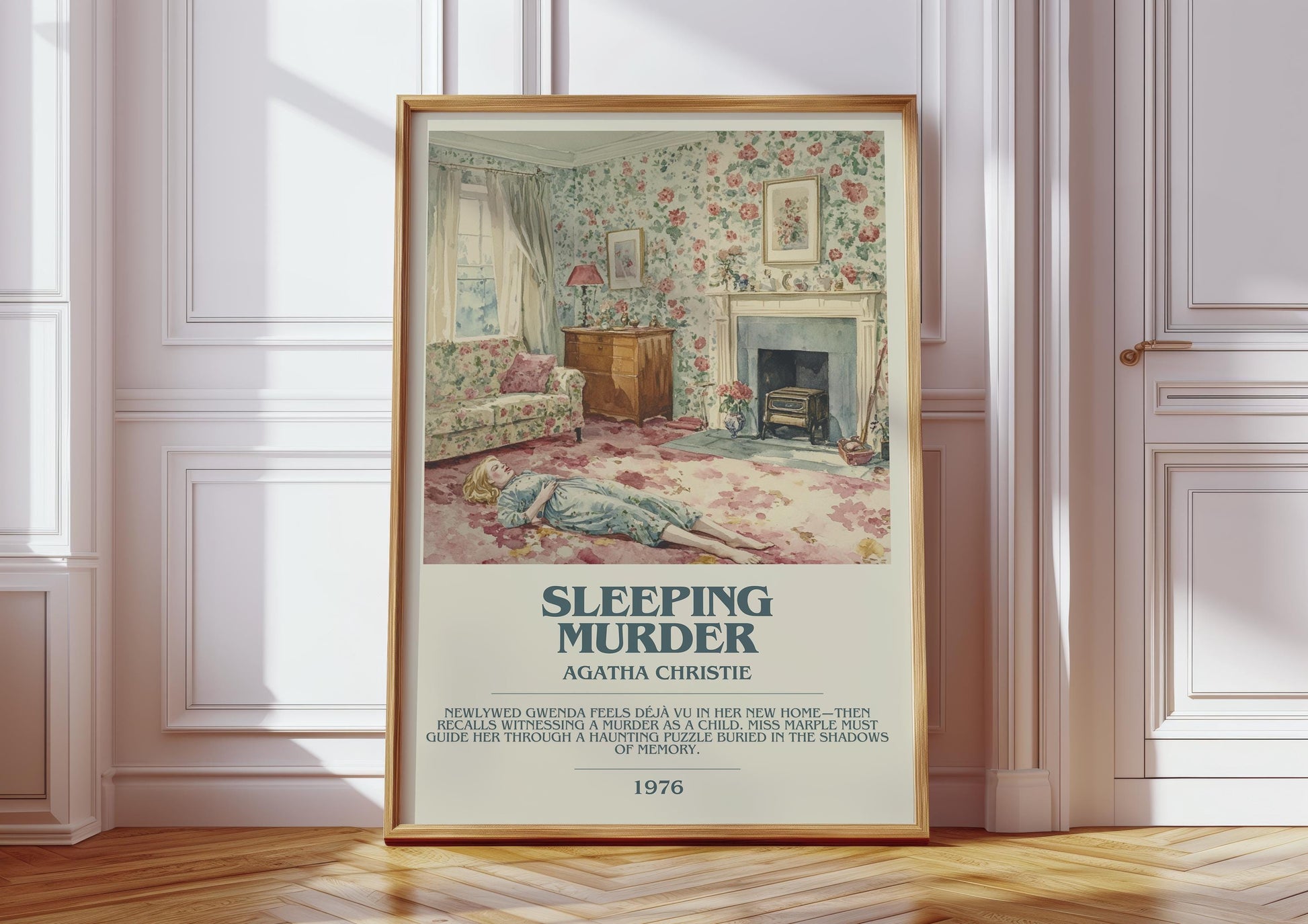Sleeping Murder bookish print in frame leaning in hallway – mystery wall art