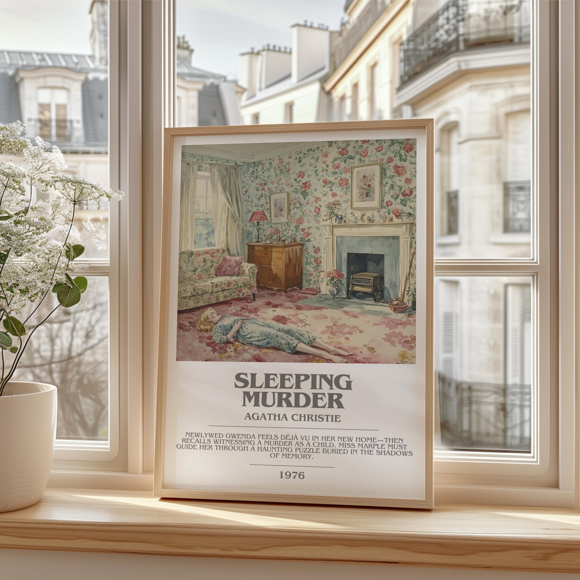 Sleeping Murder bookish print framed by window – literary home decor