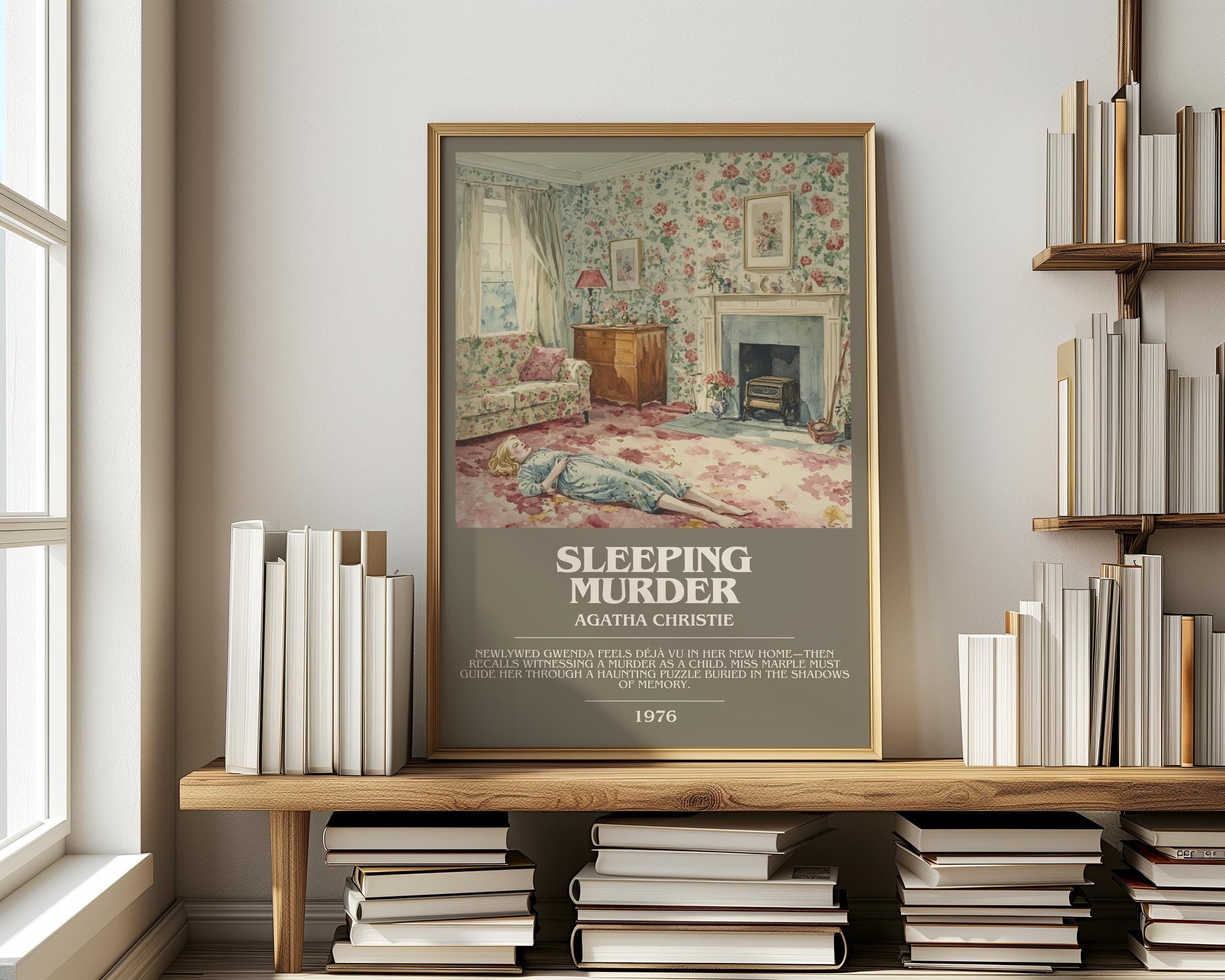 Sleeping Murder bookish print on bookshelf – Agatha Christie fan gift