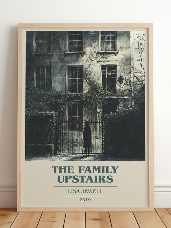 The Family Upstairs book cover print in frame leaning in hallway – thriller wall art