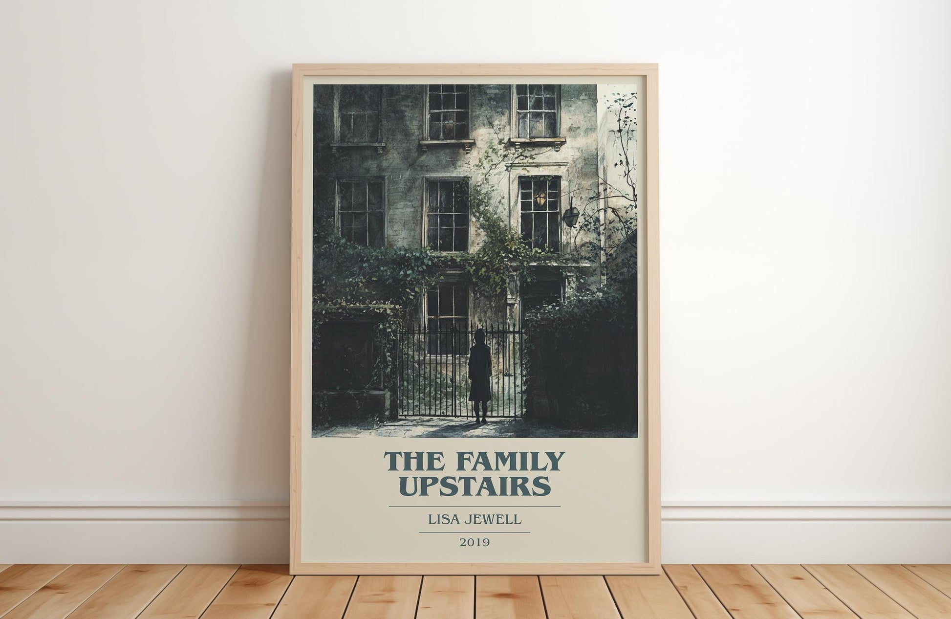 The Family Upstairs book cover print in frame leaning in hallway – thriller wall art