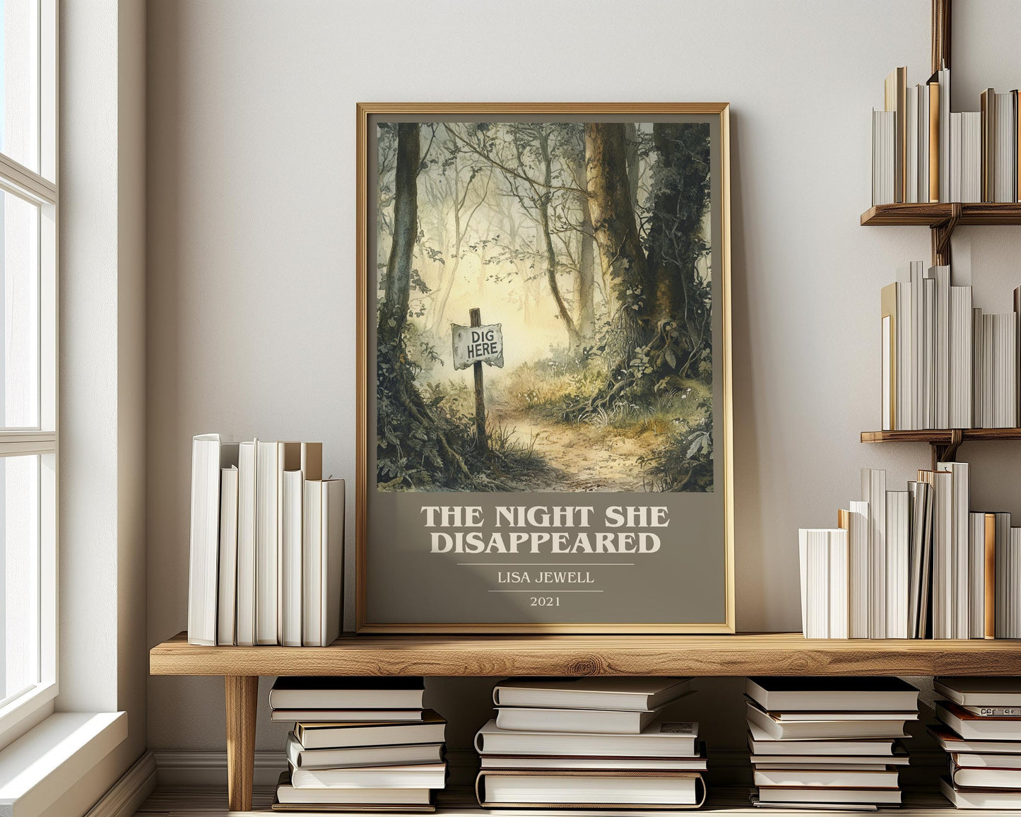 The Night She Disappeared book cover print on bookshelf – Lisa Jewell fan gift