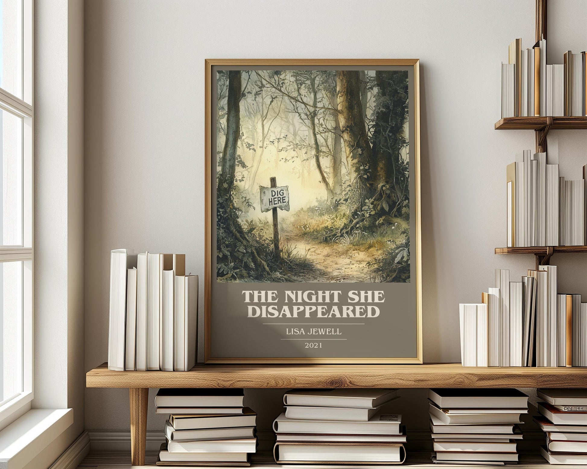 The Night She Disappeared book cover print on bookshelf – Lisa Jewell fan gift