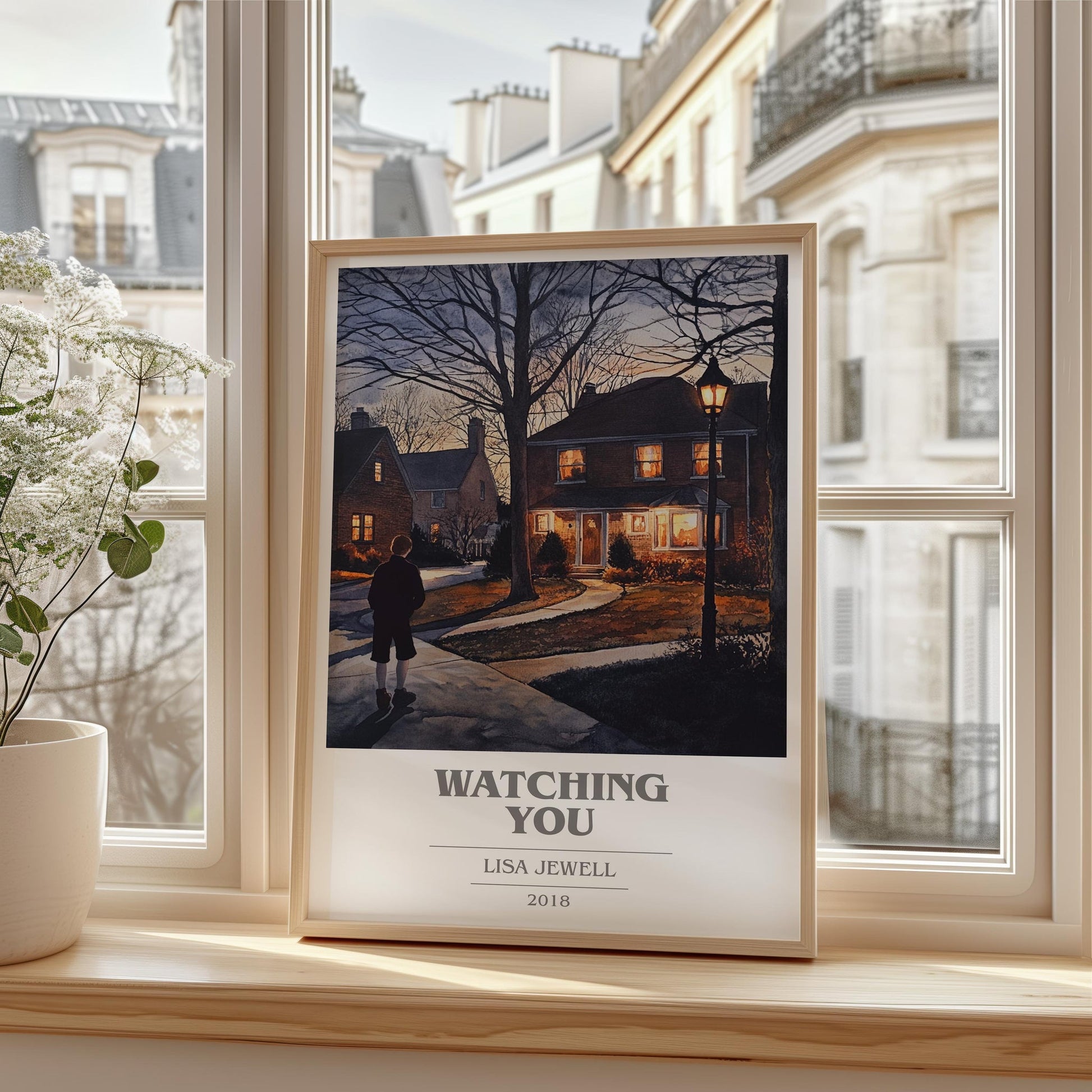 Watching You book cover print framed by window – literary home decor