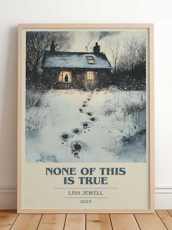 None of this is True book cover print in frame leaning in hallway – thriller wall art