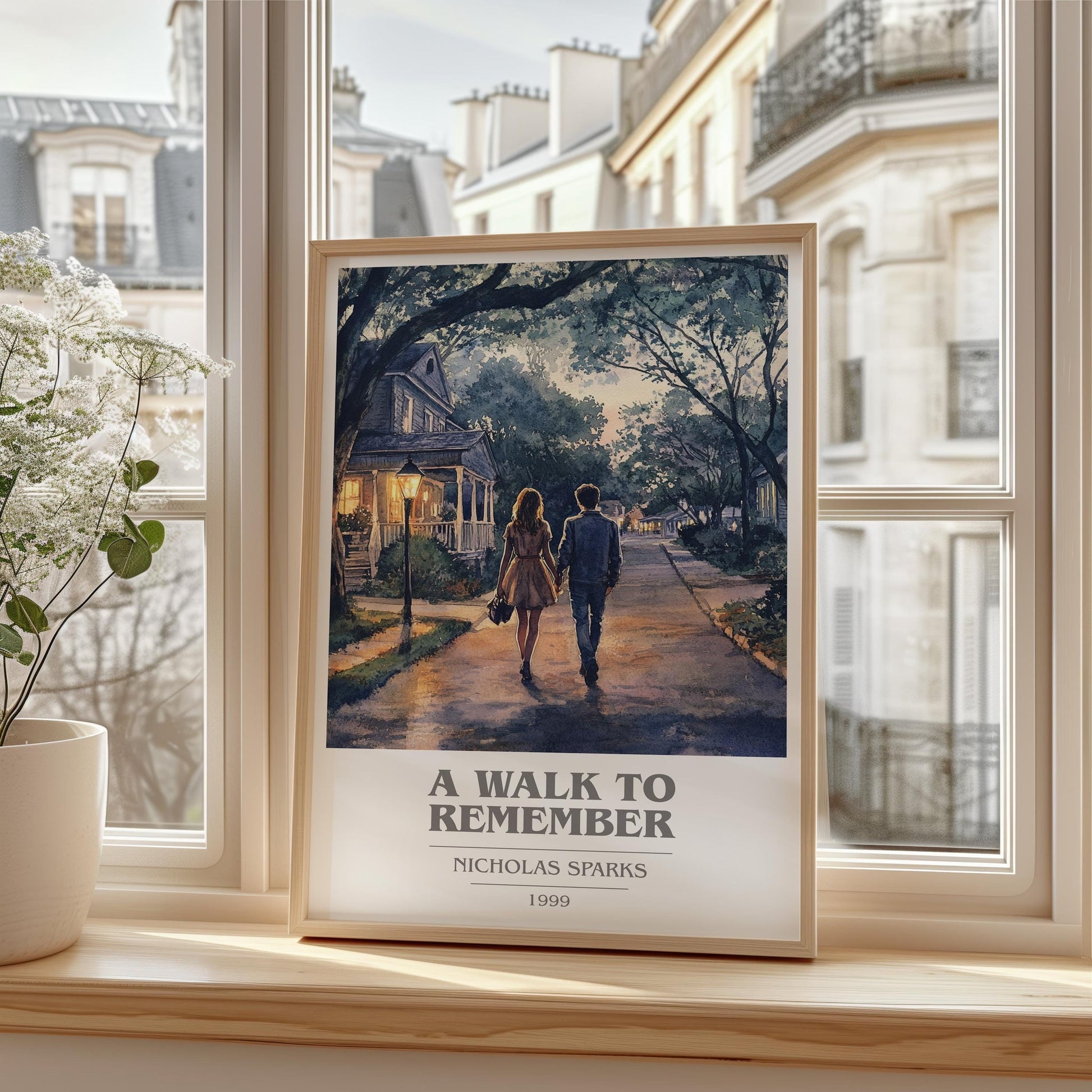 A Walk to Remember book cover print framed by window – literary home decor