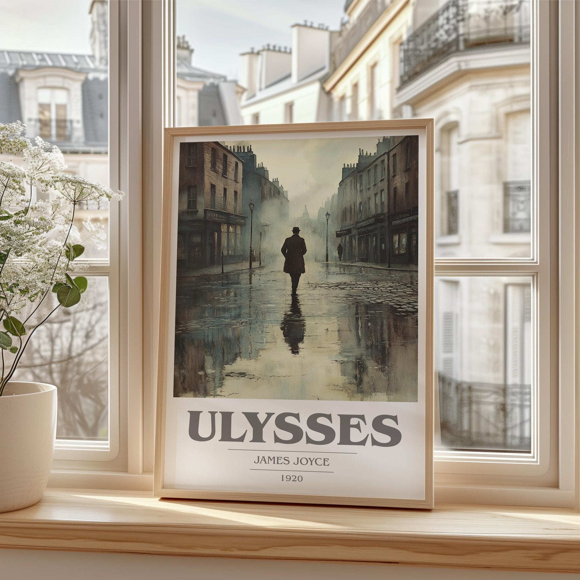 Ulysses book cover print framed by window – literary home decor