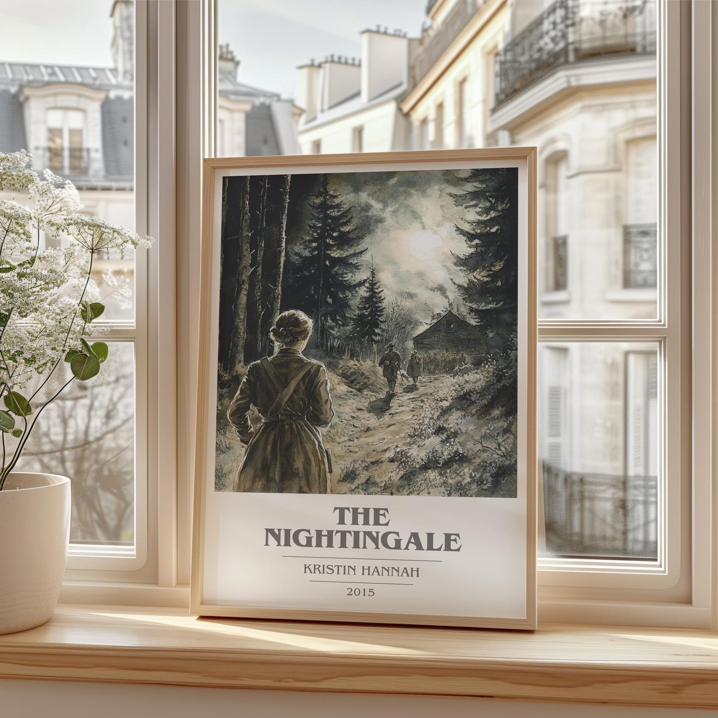 The Nightingale book cover print framed by window – literary home decor