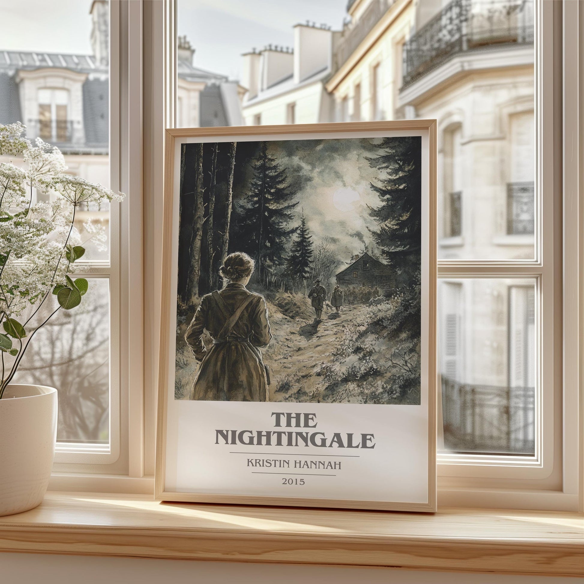 The Nightingale book cover print framed by window – literary home decor