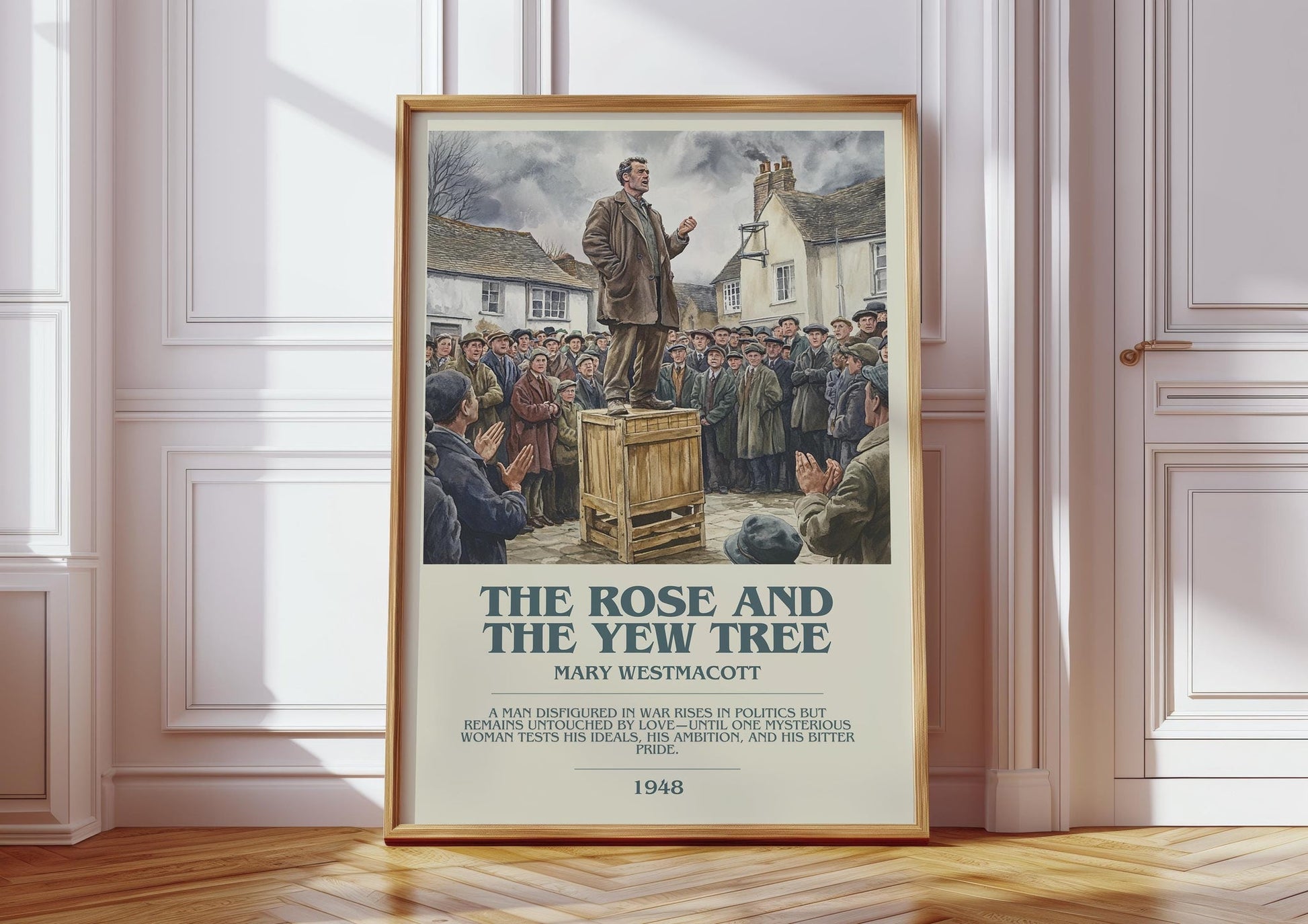 The Rose And The Yew Tree bookish print in frame leaning in hallway – romance wall art