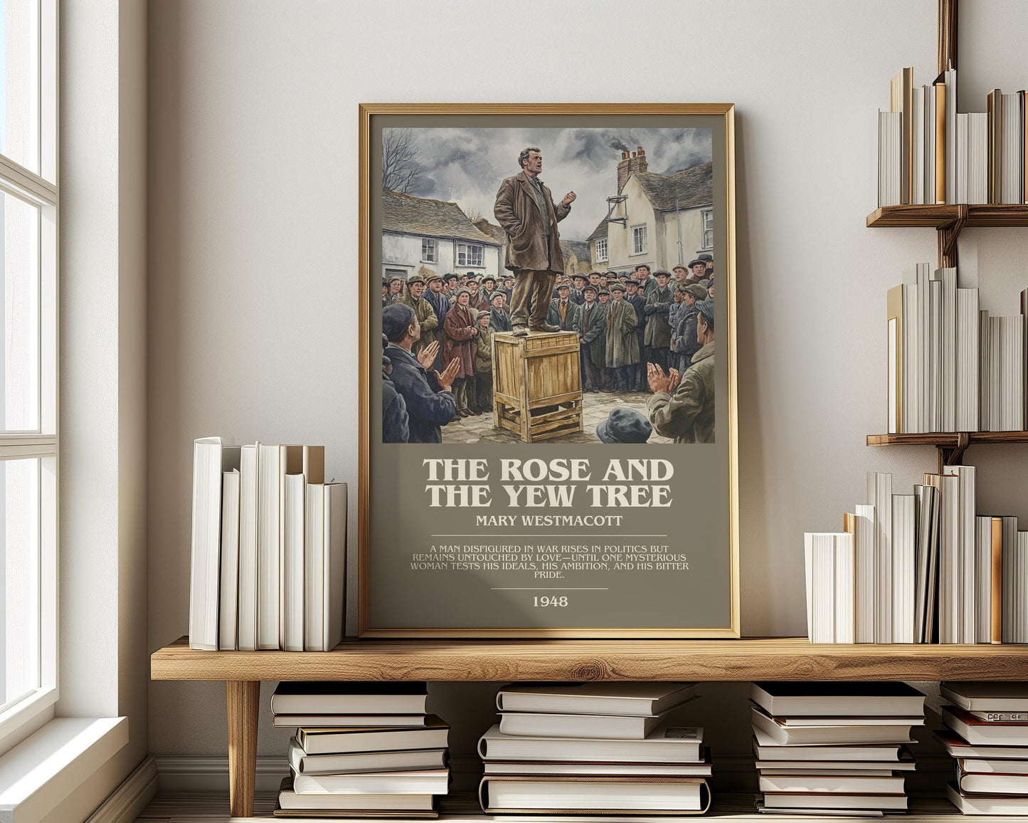 The Rose And The Yew Tree bookish print on bookshelf – Mary Westmacott fan gift