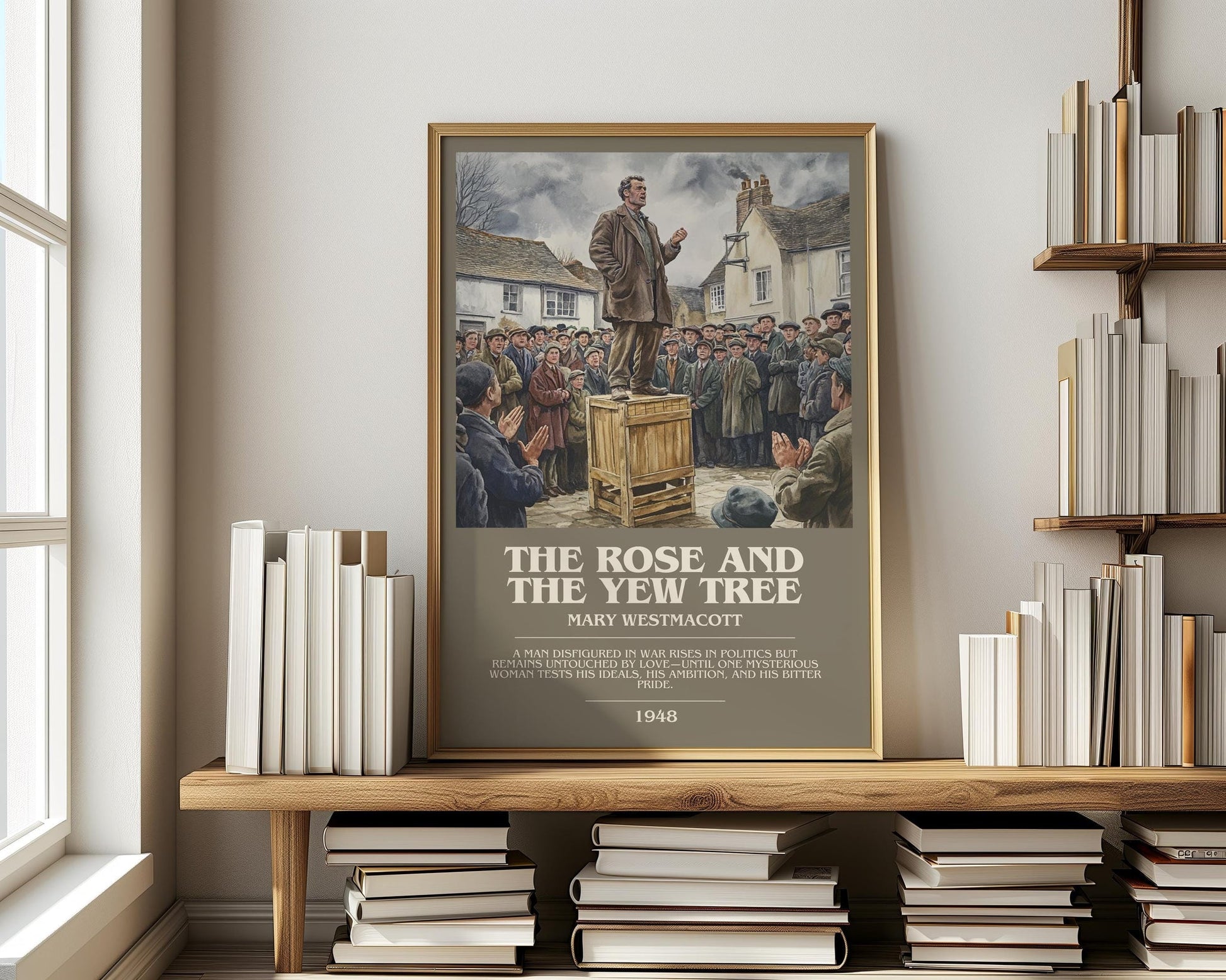 The Rose And The Yew Tree bookish print on bookshelf – Mary Westmacott fan gift