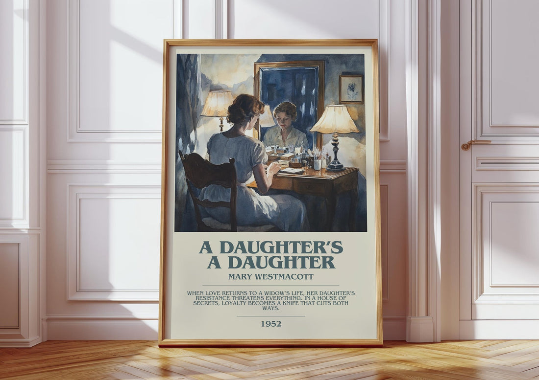 A Daughter's a Daughter bookish print in frame leaning in hallway – romance wall art (mockup)