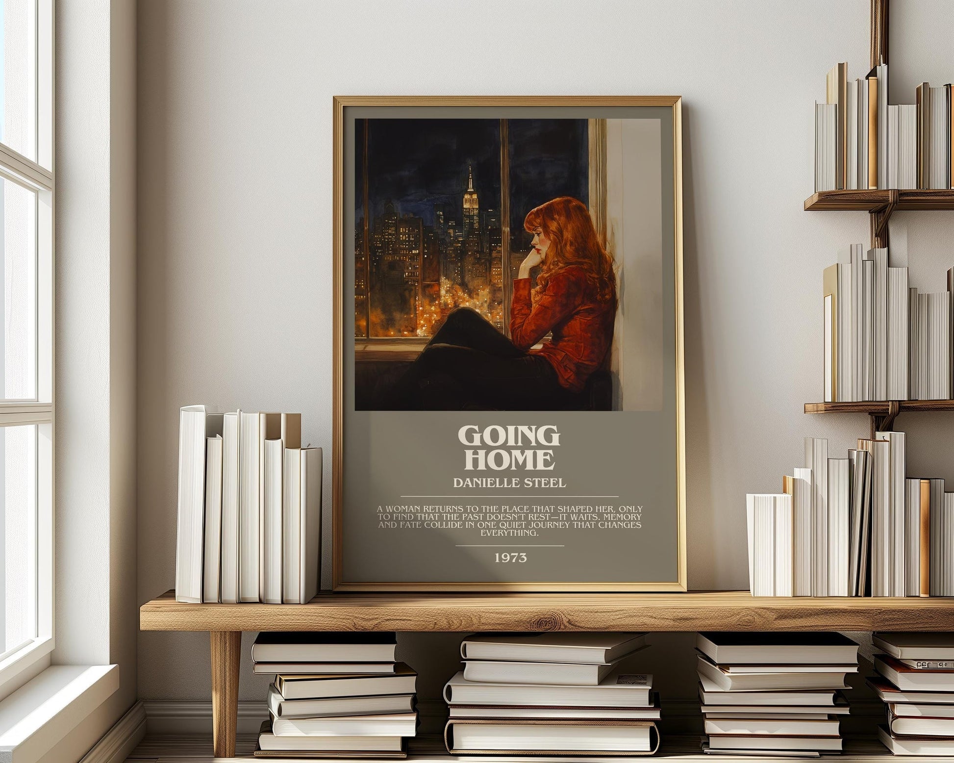 Going Home bookish print on bookshelf – Danielle Steel fan gift