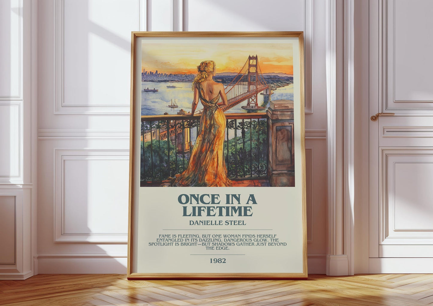 Once in a Lifetime bookish print in frame leaning in hallway – romance wall art