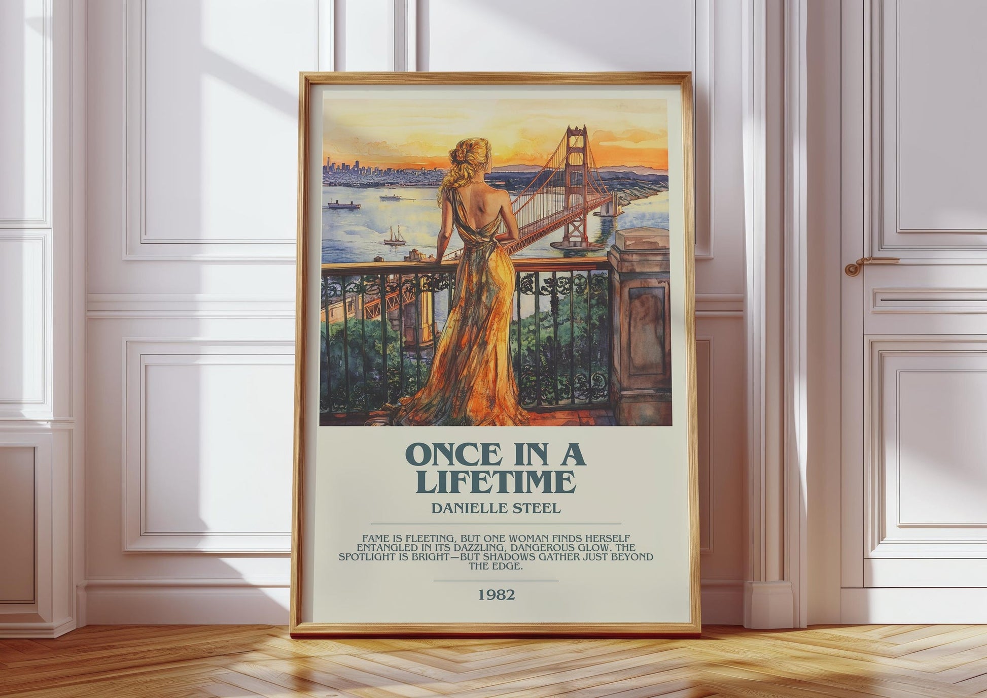 Once in a Lifetime bookish print in frame leaning in hallway – romance wall art