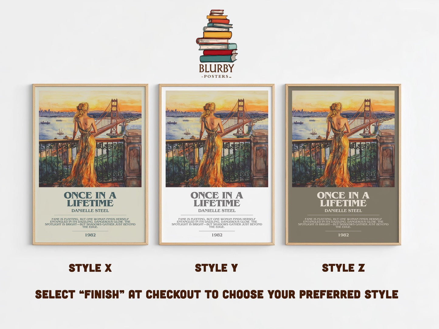 Once in a Lifetime bookish poster colour and style options – Danielle Steel book art