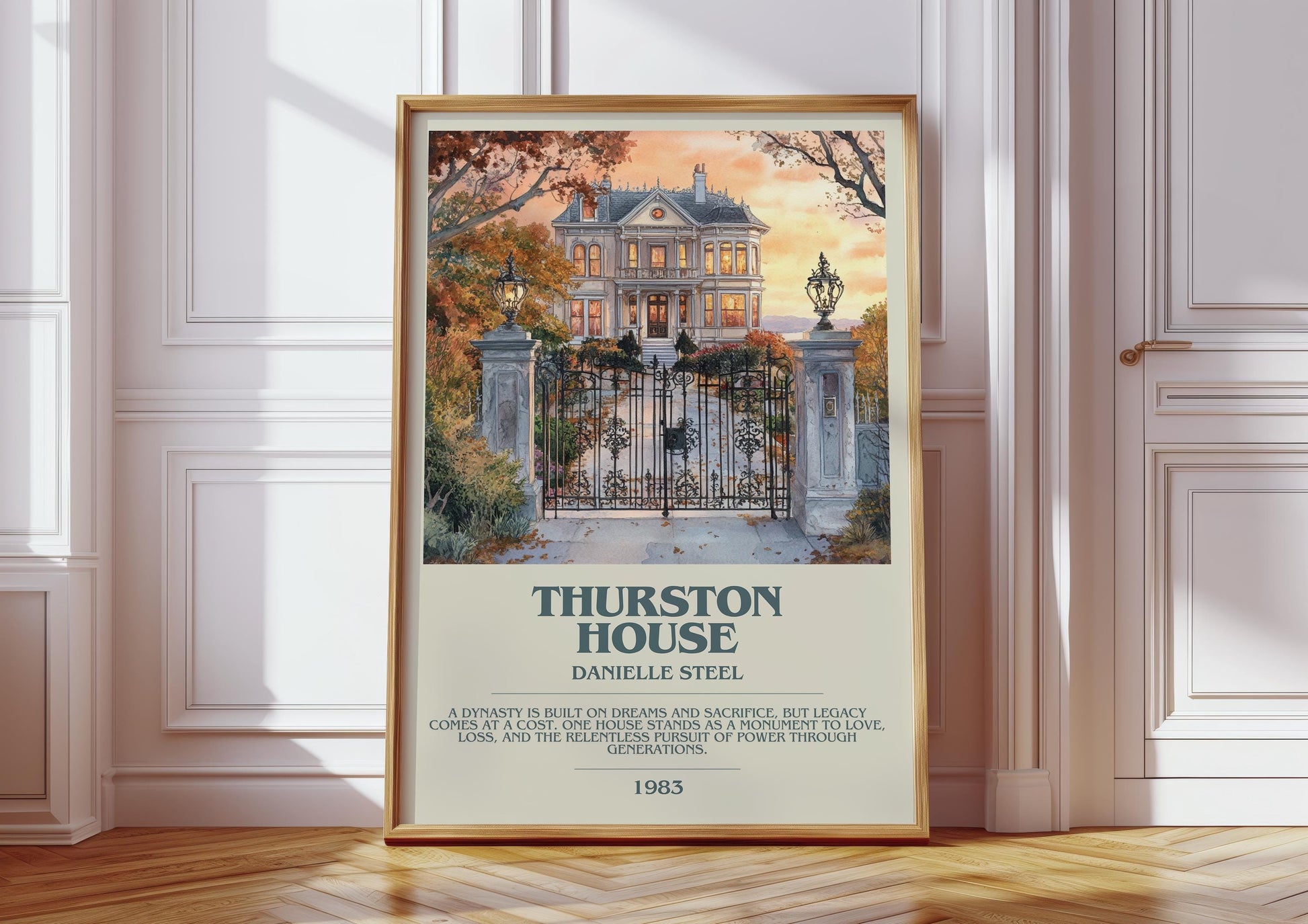 Thurston House bookish print in frame leaning in hallway – romance wall art
