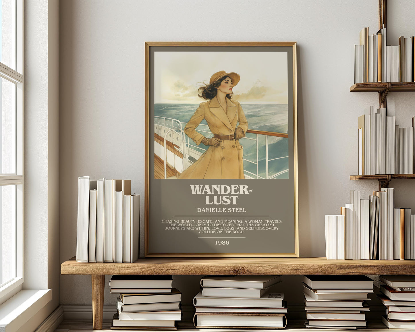 Wanderlust bookish print on bookshelf – Danielle Steel fan gift