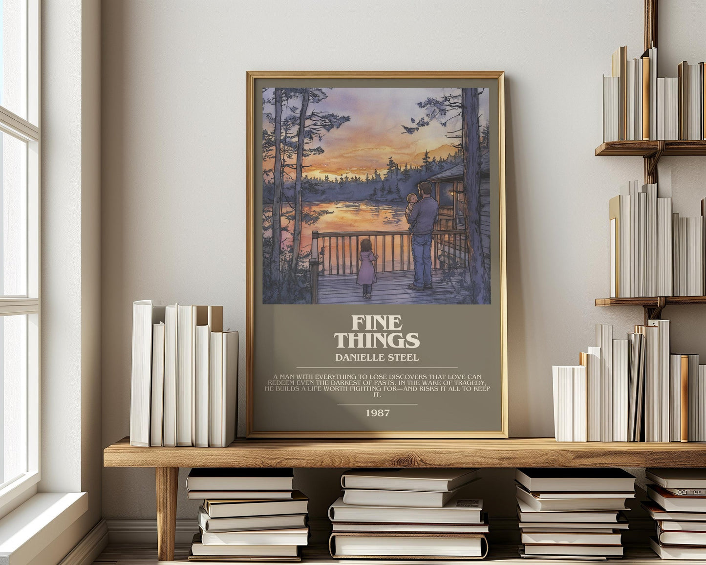 Fine Things bookish print on bookshelf – Danielle Steel fan gift