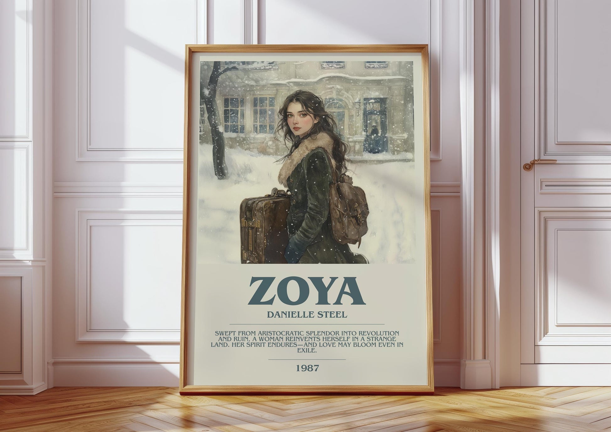 Zoya bookish print in frame leaning in hallway – historical fiction wall art