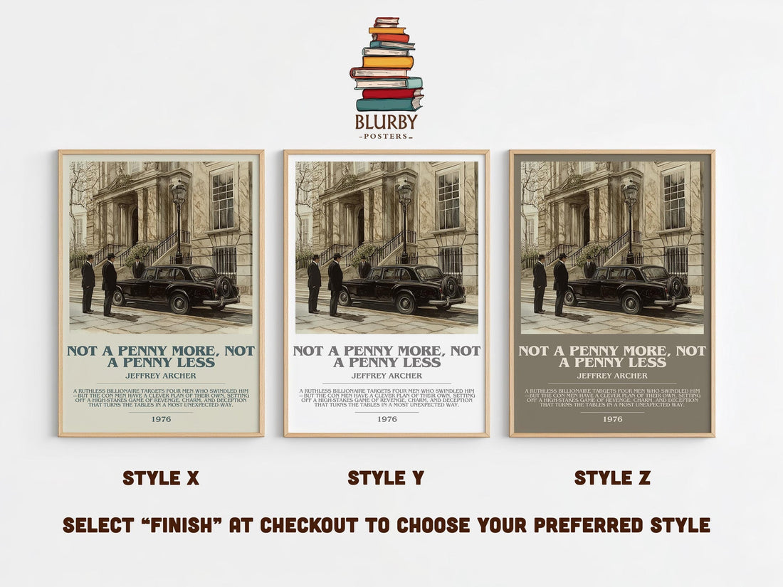 Not a Penny More, Not a Penny Less bookish poster colour and style options – Jeffrey Archer book art (mockup)