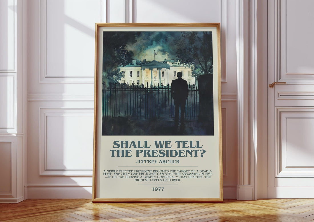 Shall We Tell the President? bookish print in frame leaning in hallway – thriller wall art (mockup)