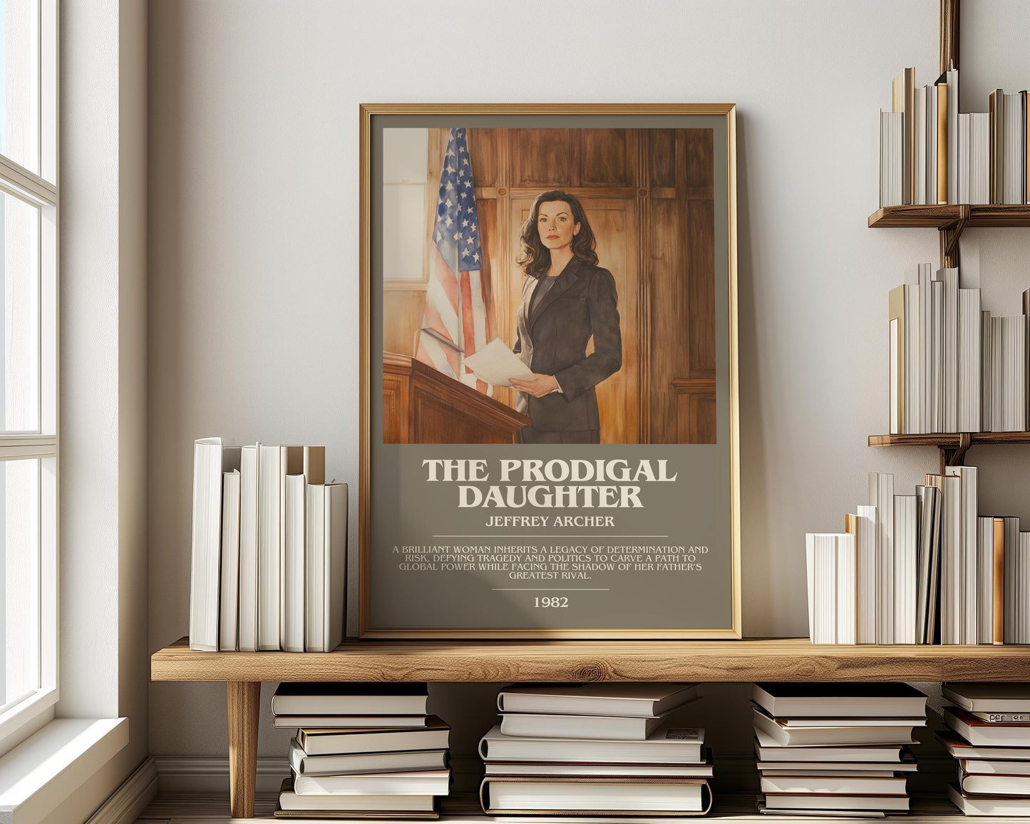 The Prodigal Daughter bookish print on bookshelf – Jeffrey Archer fan gift