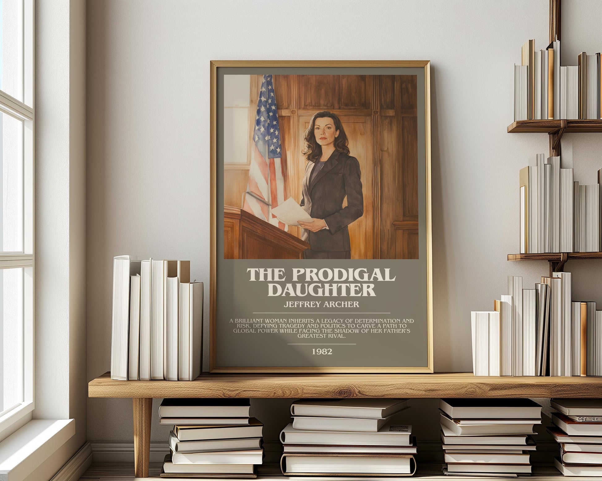 The Prodigal Daughter bookish print on bookshelf – Jeffrey Archer fan gift