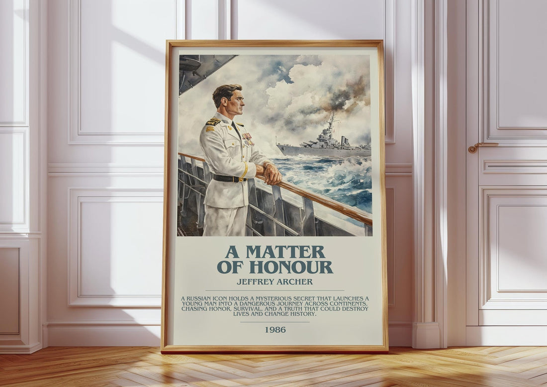 A Matter Of Honour bookish print in frame leaning in hallway – thriller wall art (mockup)
