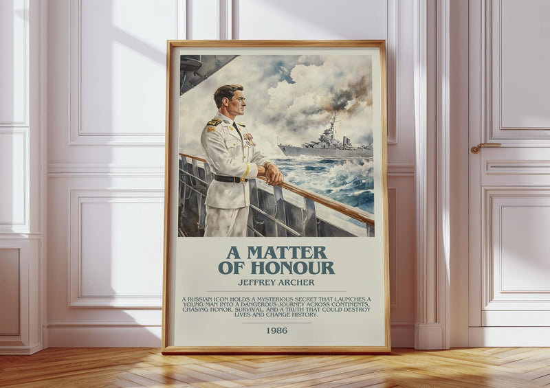 A Matter Of Honour bookish print in frame leaning in hallway – thriller wall art