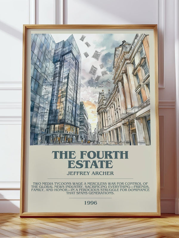 The Fourth Estate bookish print in frame leaning in hallway – contemporary fiction wall art